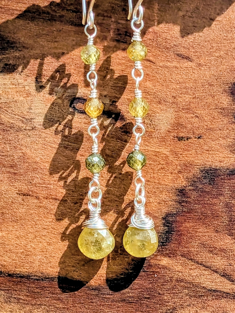 Earthy Green Garnet Earrings Dainty Sterling Silver Elegant Dangle Drop - Picture 5 of 12